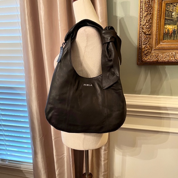 NWT Furla Zama Coffee Brown Leather Knotted Bow Hobo Style Shoulder Bag - Picture 1 of 8